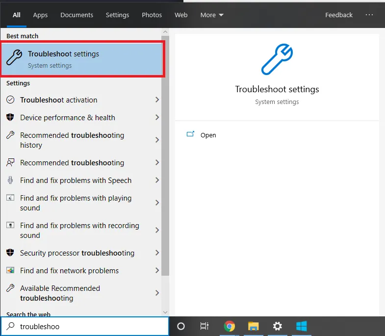 Searching for Troubleshooting Settings on Windows 10 
