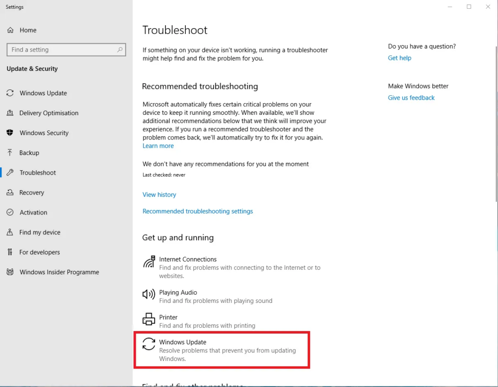 Windows 10 Troubleshoot Windows Update 