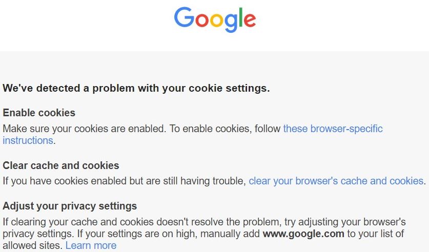 Restore the "We’ve Detected a Problem with your Cookie Settings" issue