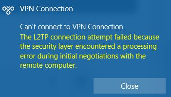 What is the reason for the "L2TP connection attempt failed" error?