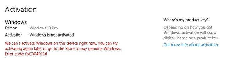Bug fix: Windows 10 activation error 0xc004f034