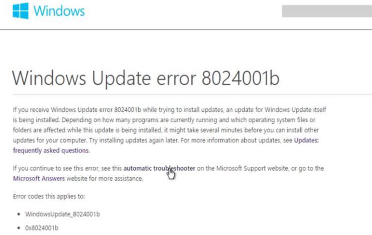 What is the cause of Windows Update error 8024001B?